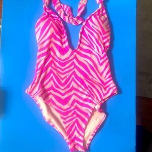 Jessica Simpson Tulip One Piece Halter Swimsuit W/Tieback, Pink, Size M NWT